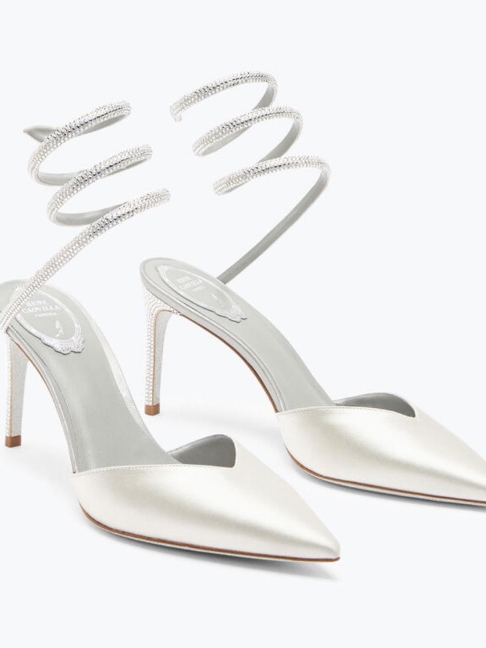 Rene Caovilla Cleo Silver and Grey Crystal Spiral Ankle-Strap Heels